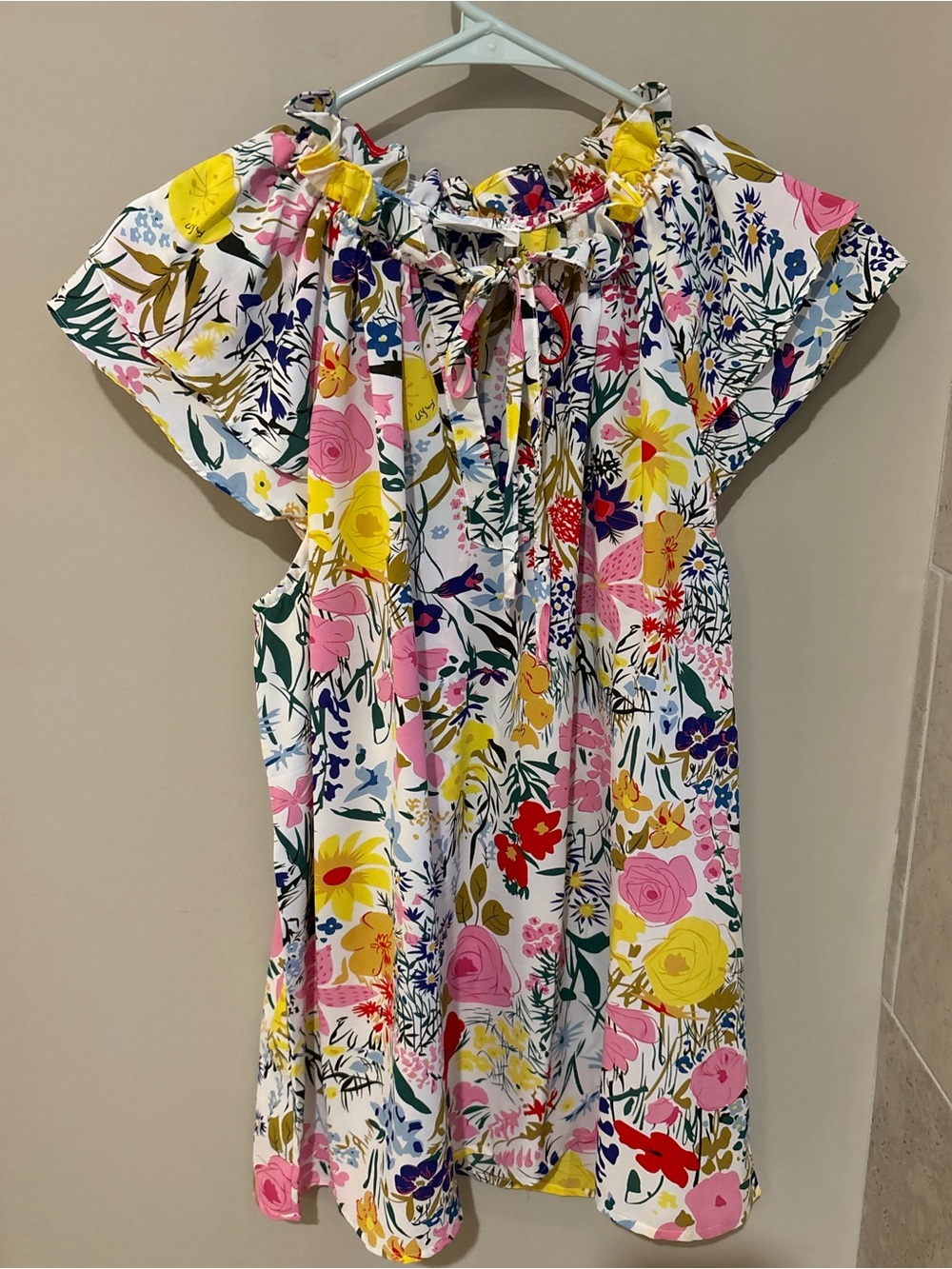 First Love Floral Blouse with Flutter Cap Sleeve and Tie on Neckline